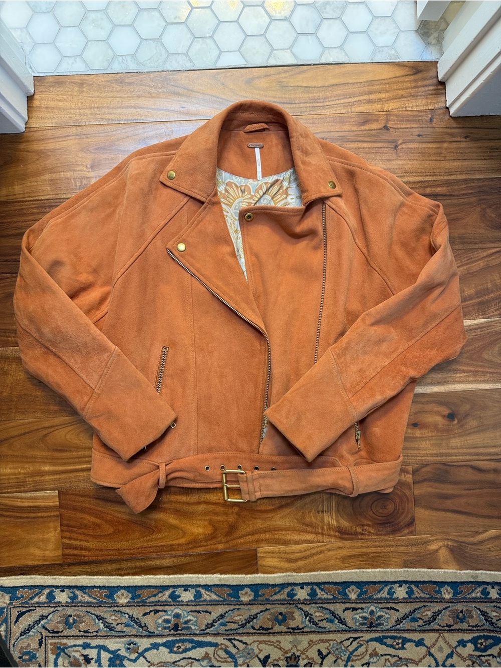 Free People Suede Leather Moto Jacket Orange Drapey NWOT, Small